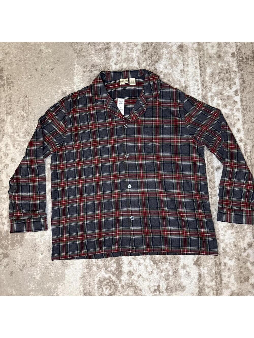 L.L. Bean Pajama Shirt Men’s NWT Flannel Long Sleeve Gray Red Plaid XXL Warm